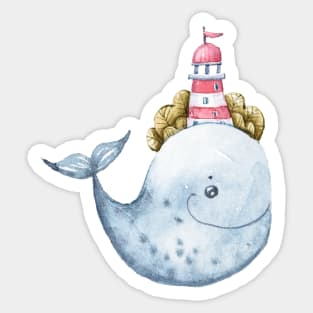 Watercolor whale with lighthouse painting Sticker